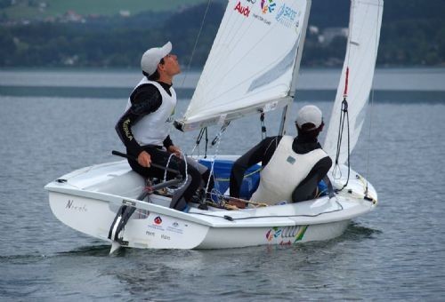 Matthew Belcher and Malcolm Page competing at the 2009 470 Class European Championships. Photo: Victor Kovalenko &copy; Yachting Australia http://yachting.org.au/